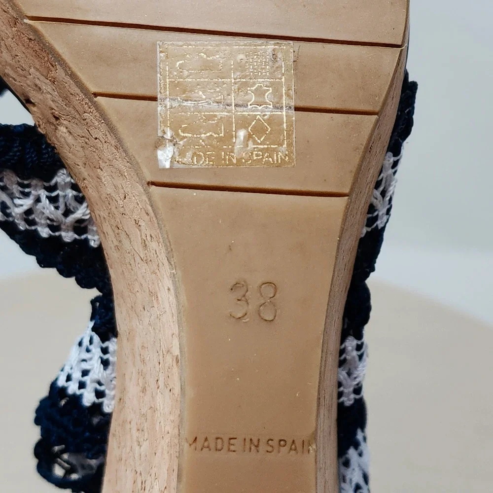 LK‎ Bennett Cork Wedge Sandals 38 7 Womens Navy Blue White Striped Crochet Spain